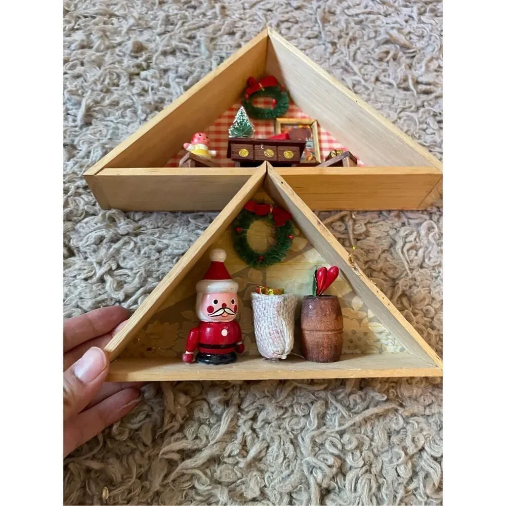 Vintage wooden Christmas holiday theme shelf‎ decoration